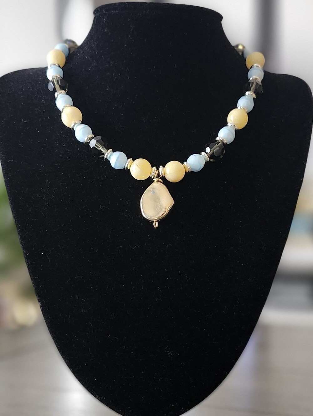 Handmade Yellow & Light Blue Beaded Pendant Necklace Irregular Drop